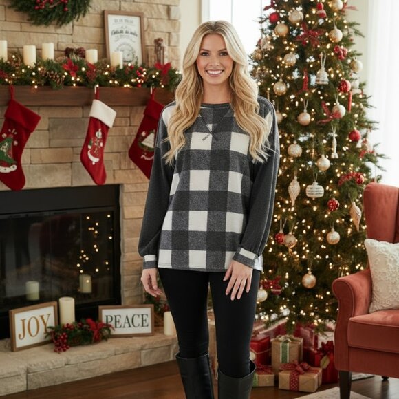 MomMe And More Tops - NEW Womens Black White Plaid Christmas Top Long Sleeve Luxury Sweater Size Small